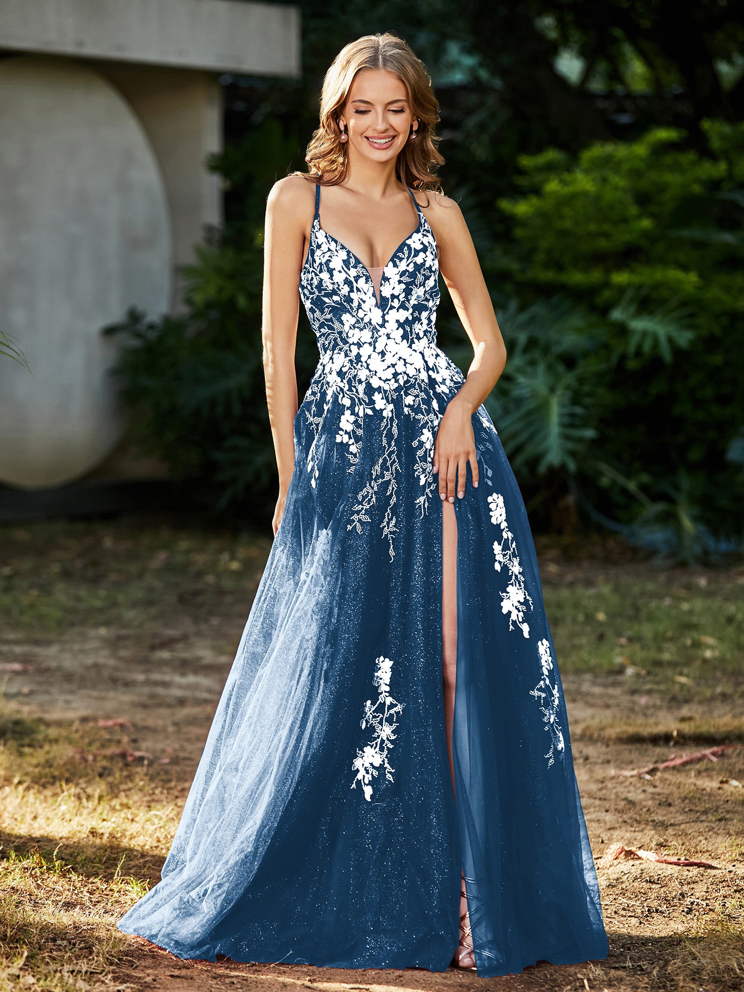 A-line V-neck Lace Up Tulle Gown Ink Blue